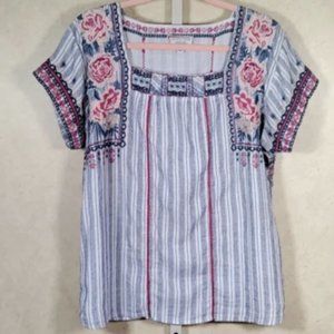Johnny Was Workshop blue stripe floral embroidery blouse L